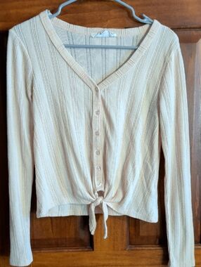Blush Knit Button-Front Tie-Waist Top
